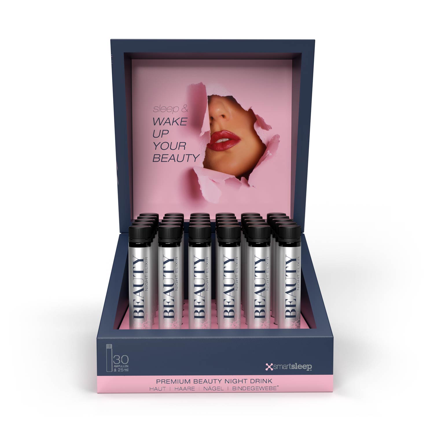 30er Monats-Packung mit 30 Ampullen smartsleep® BEAUTY NIGHT ELIXIR, speziell entwickelter Premium Beauty Night Drink für den Schönheitsschlaf mit Kollagen, Hyaluronsäure, Q10, Bambusextrakt, Aminosäuren und Vitaminen für schöne Haut, Haare, Nägel und Bindegewebe. Schön im Schlaf mit exklusiven Nährstoffen für ein strahlendes Aufwachen.