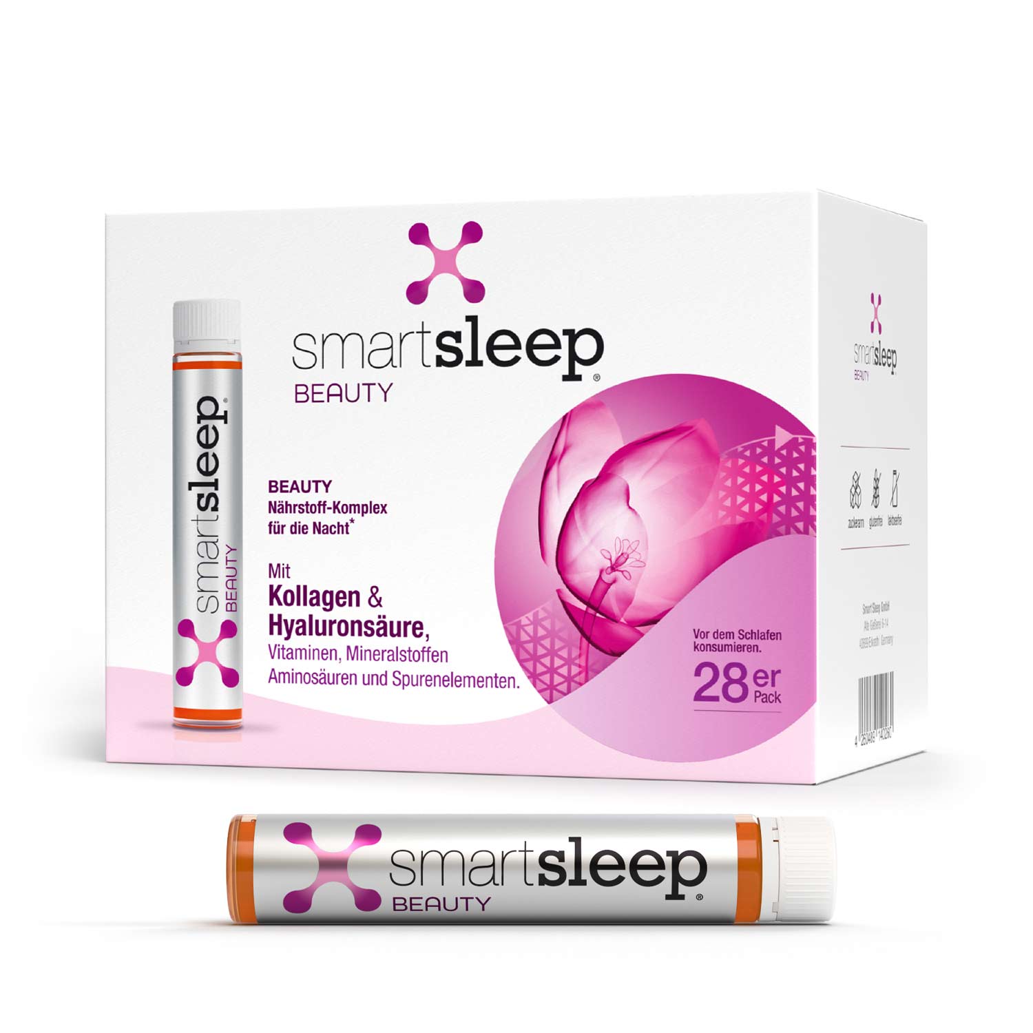 28er Monats-Packung smartsleep® BEAUTY Collagen Hyaluron Complex mit Kollagen, Hyaluronsäure, Zink, Selen und Vitaminen unterstützt natürlich dabei Haut, Haare und Nägel zu stärken und ein gesundes, strahlendes Aussehen zu bewahren. Schön über Nacht mit dem Nährstoff-Komplex für den Schönheitsschlaf.