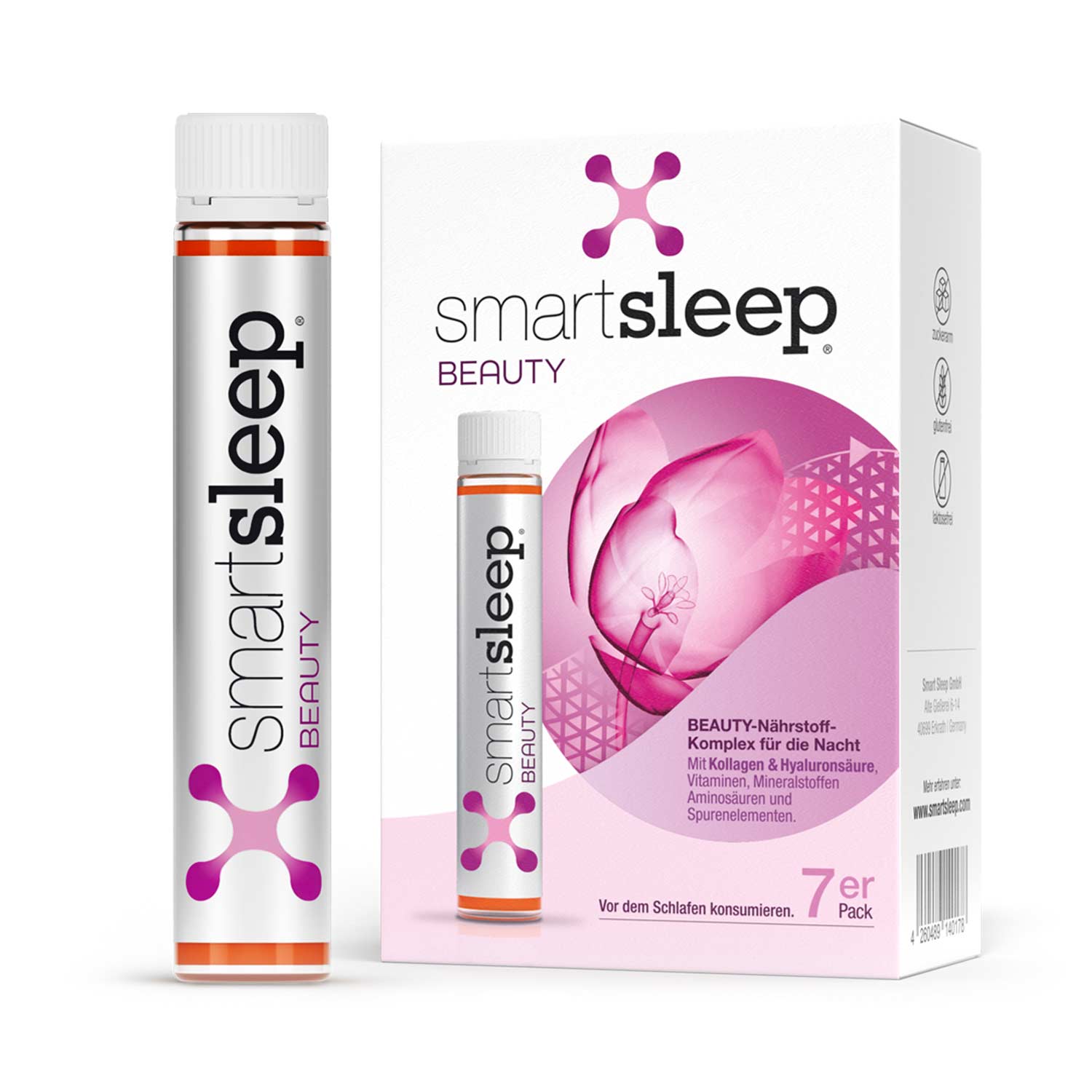 7er Packung mit 7 Einheiten smartsleep® BEAUTY Collagen Hyaluron Complex mit Kollagen, Hyaluronsäure, Zink, Selen und Vitaminen unterstützt natürlich dabei Haut, Haare und Nägel zu stärken und ein gesundes, strahlendes Aussehen zu bewahren. Schön über Nacht mit dem Nährstoff-Komplex für den Schönheitsschlaf.