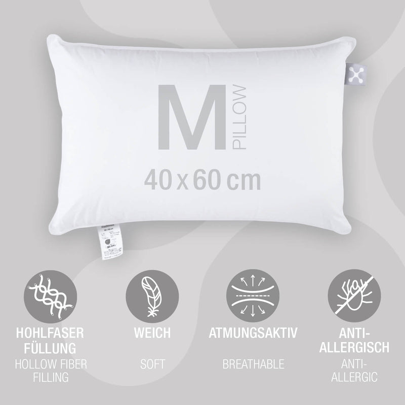 Eigenschaften des smart® Basic Pillow in der Größe Medium 40 x 60 cm, mittelgroßes Standard Kissen mit Hohlfaser Füllung und Bezug aus Baumwolle, für Kinder und Erwachsene