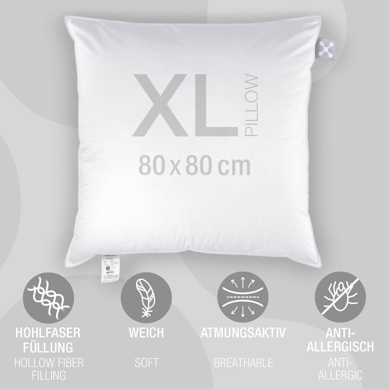 Eigenschaften des smart® Basic Pillow in der Größe X-Large 80 x 80 cm, großes Standard Kissen mit Hohlfaser Füllung und Bezug aus Baumwolle, für Kinder und Erwachsene
