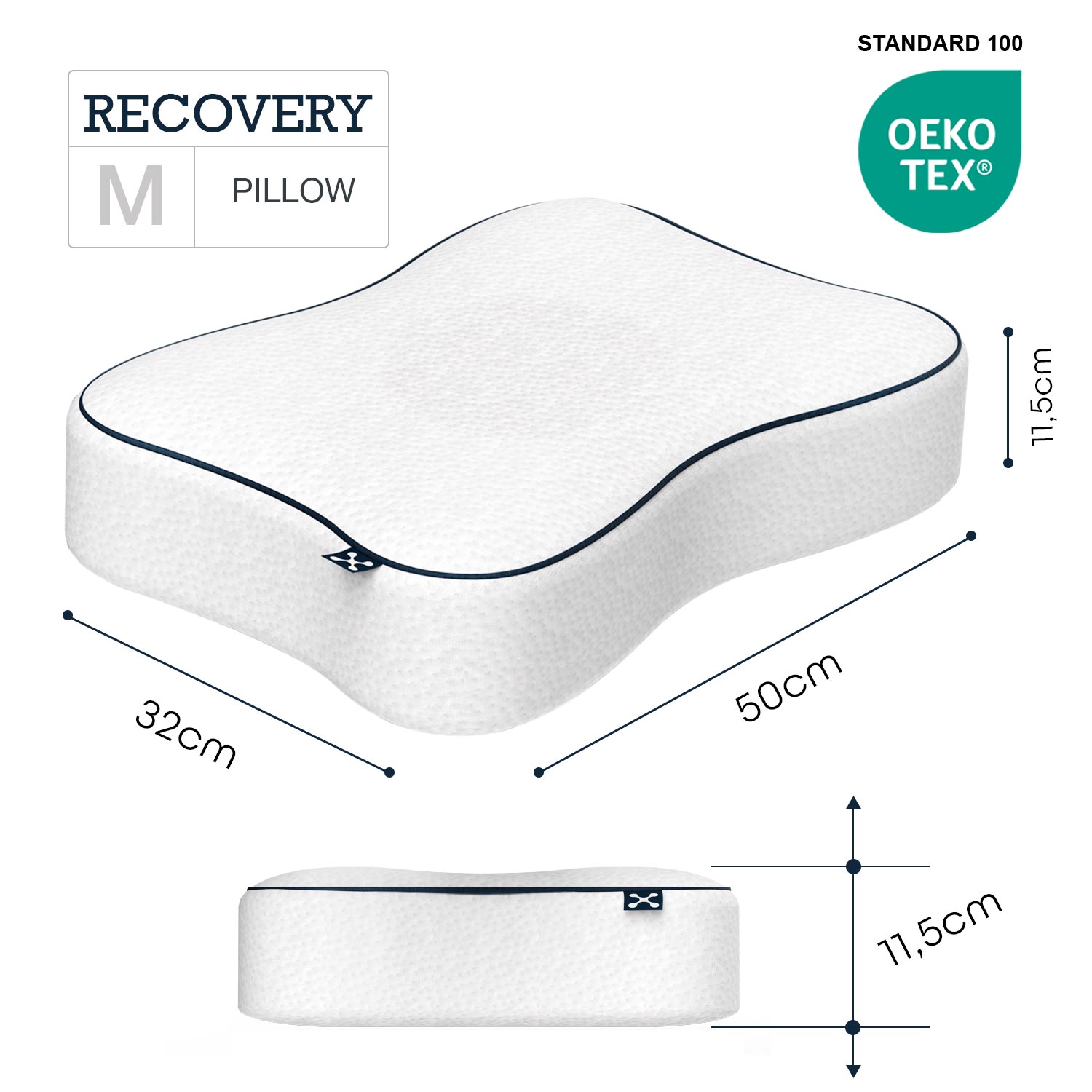 Größe, Höhe, Breite des smart® Recovery Pillow, ergonomisches Kissen aus Memory Schaum für Rückenschläfer und Seitenschläfer. Ergonomisch zertifiziert für gesunden Schlaf gegen Kopf und Nackenverspannung.