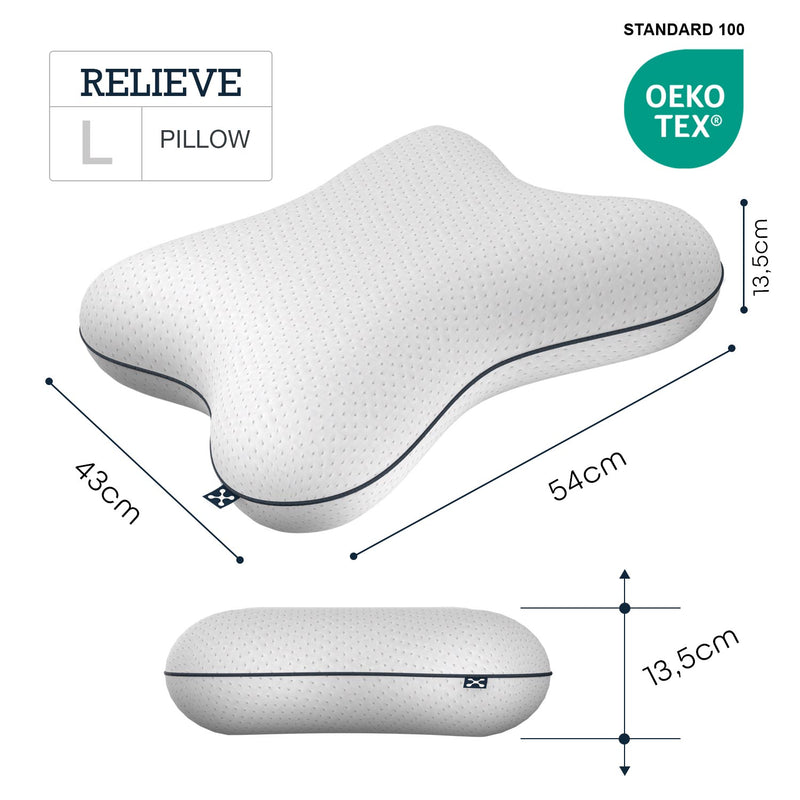 Größe, Höhe, Breite des smart® Relieve Pillow, großes hohes Schmetterling Kissen aus atmungsaktivem Memory-Schaum zur Entlastung der Halswirbelsäule für Rückenschläfer und Seitenschläfer und weniger Verspannung im Schlaf.
