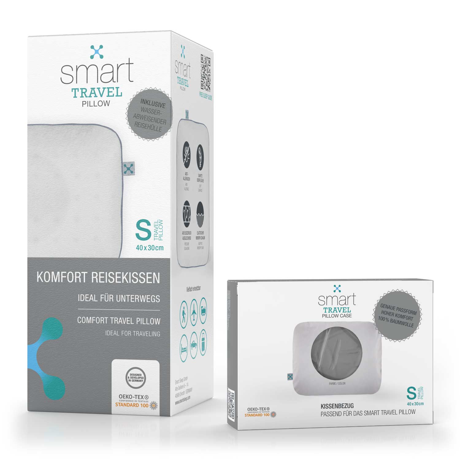 Ein smart® Travel Pillow Kopfkissen und ein passgenauer Kissenbezug smart® Travel Pillow Case zum Wechseln in der Farbe Grau im Set zum Vorteilspreis.