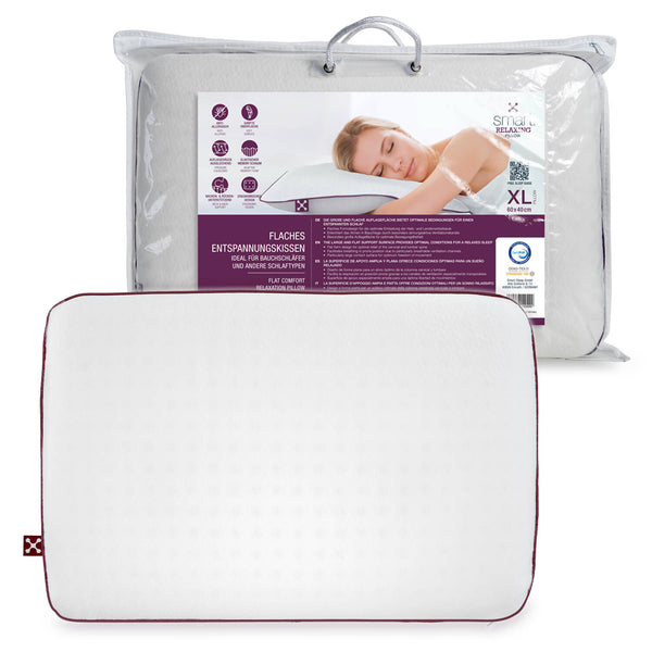 smart® Relaxing Pillow, großes flaches Entspannungs Kissen aus Memory Schaum für Bauchschläfer mit niedriger Höhe für die Entlastung der Wirbelsäule in Bauchlage und erholsamen Schlaf.